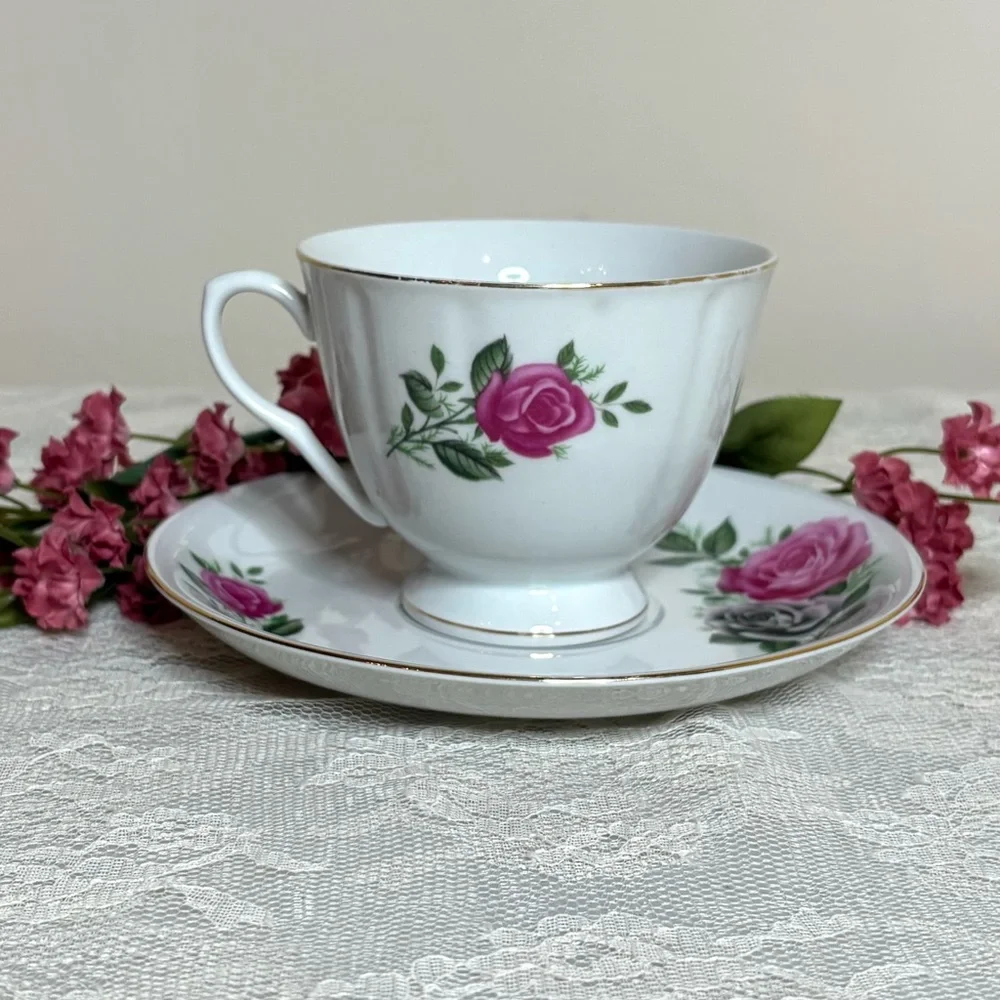 Vintage Tea Cup Victorian Roses Teacup Plate Set Elegant Dainty White Pink Gold